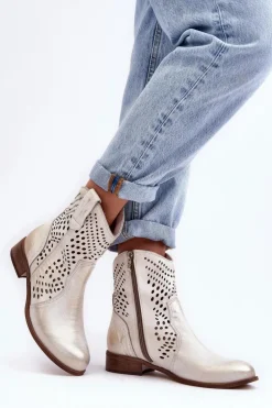 Zazoo 3305/2 Damskie Skórzane Ażurowe Botki Kowbojki Złote