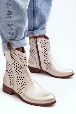 Zazoo 3305/2 Damskie Skórzane Ażurowe Botki Kowbojki Złote