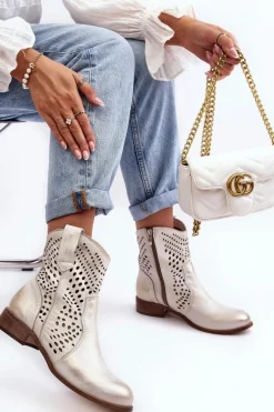 Zazoo 3305/2 Damskie Skórzane Ażurowe Botki Kowbojki Złote