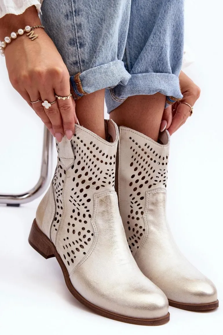 Zazoo 3305/2 Damskie Skórzane Ażurowe Botki Kowbojki Złote