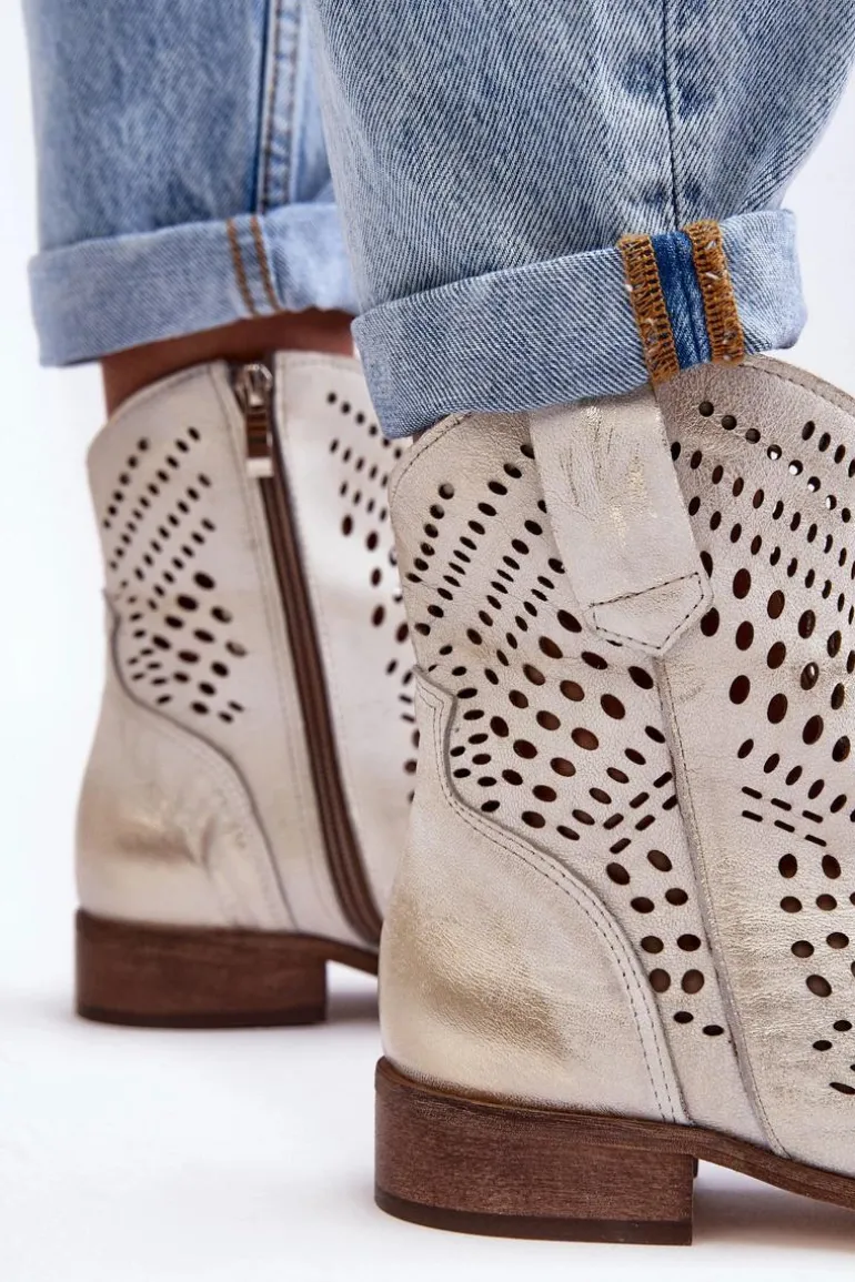 Zazoo 3305/2 Damskie Skórzane Ażurowe Botki Kowbojki Złote