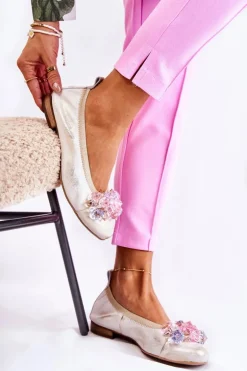 Zazoo 2749 Damskie Skórzane Baleriny Z Kryształkami Biało-Złote