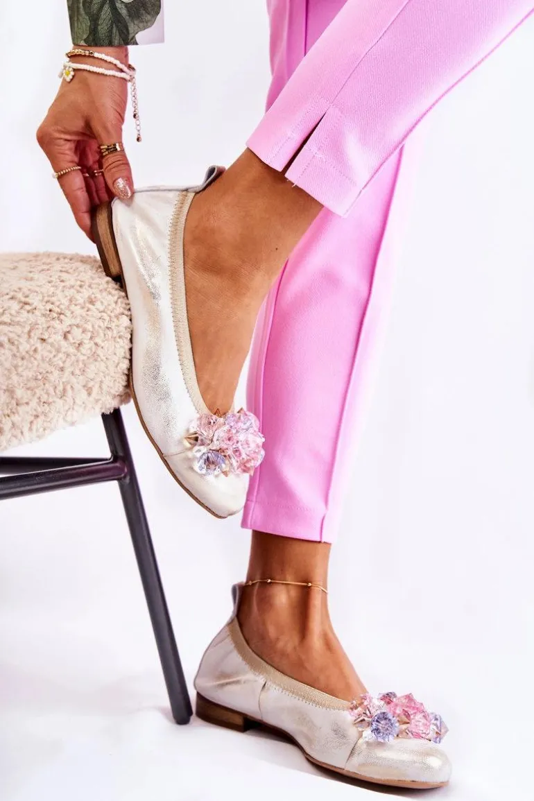 Zazoo 2749 Damskie Skórzane Baleriny Z Kryształkami Biało-Złote