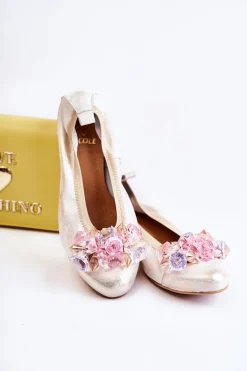 Zazoo 2749 Damskie Skórzane Baleriny Z Kryształkami Biało-Złote