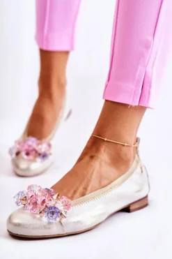 Zazoo 2749 Damskie Skórzane Baleriny Z Kryształkami Biało-Złote