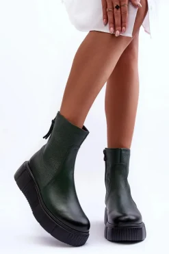 Zazoo 60369 Damskie Skórzane Botki Na Platformie Zielone