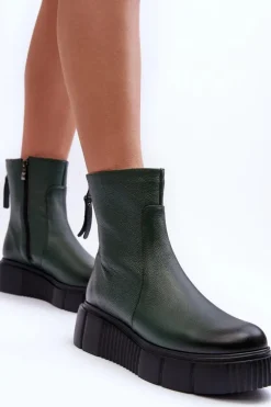 Zazoo 60369 Damskie Skórzane Botki Na Platformie Zielone