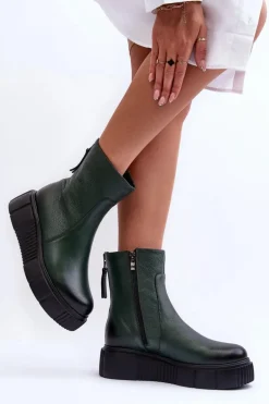 Zazoo 60369 Damskie Skórzane Botki Na Platformie Zielone