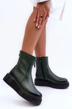 Zazoo 60369 Damskie Skórzane Botki Na Platformie Zielone