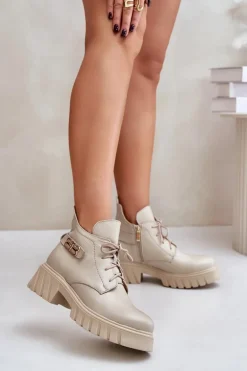 Zazoo 60483 Damskie Skórzane Botki Z Niską Cholewką Ocieplane Beżowe