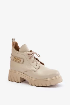 Zazoo 60483 Damskie Skórzane Botki Z Niską Cholewką Ocieplane Beżowe