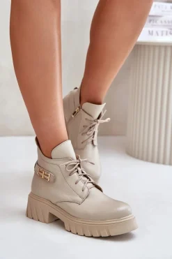 Zazoo 60483 Damskie Skórzane Botki Z Niską Cholewką Ocieplane Beżowe