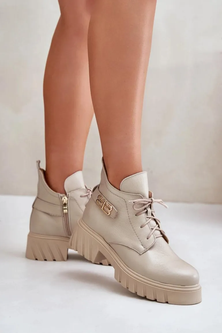 Zazoo 60483 Damskie Skórzane Botki Z Niską Cholewką Ocieplane Beżowe