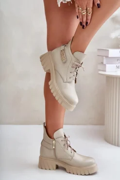 Zazoo 60483 Damskie Skórzane Botki Z Niską Cholewką Ocieplane Beżowe