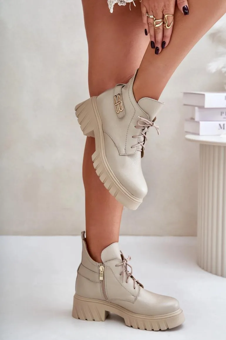 Zazoo 60483 Damskie Skórzane Botki Z Niską Cholewką Ocieplane Beżowe