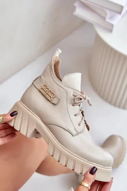 Zazoo 60483 Damskie Skórzane Botki Z Niską Cholewką Ocieplane Beżowe