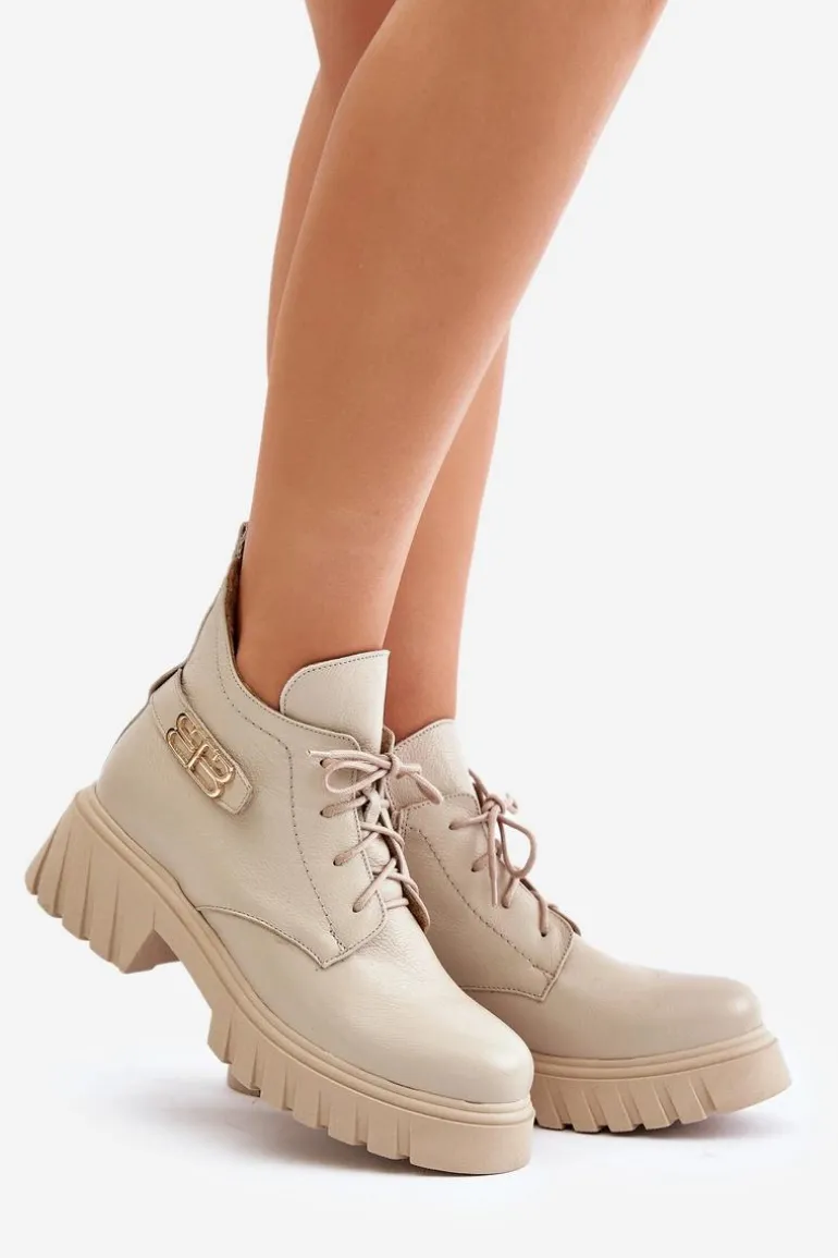 Zazoo 60483 Damskie Skórzane Botki Z Niską Cholewką Ocieplane Beżowe