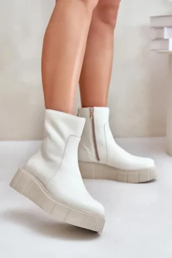 Zazoo 60369 Damskie Skórzane Botki Na Platformie Jasnobeżowe