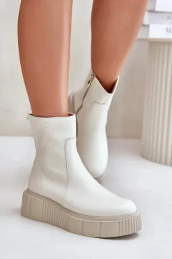Zazoo 60369 Damskie Skórzane Botki Na Platformie Jasnobeżowe