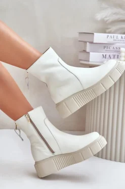 Zazoo 60369 Damskie Skórzane Botki Na Platformie Jasnobeżowe