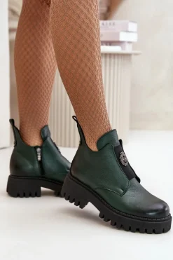 Zazoo 60451 Damskie Skórzane Botki Z Ozdobą Ciemnozielone