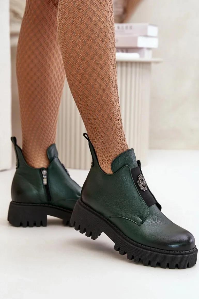 Zazoo 60451 Damskie Skórzane Botki Z Ozdobą Ciemnozielone