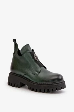 Zazoo 60451 Damskie Skórzane Botki Z Ozdobą Ciemnozielone