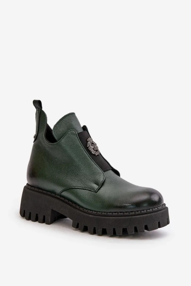 Zazoo 60451 Damskie Skórzane Botki Z Ozdobą Ciemnozielone