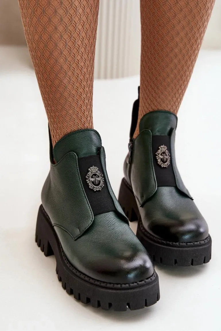 Zazoo 60451 Damskie Skórzane Botki Z Ozdobą Ciemnozielone
