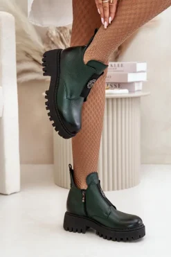 Zazoo 60451 Damskie Skórzane Botki Z Ozdobą Ciemnozielone