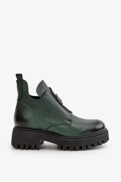 Zazoo 60451 Damskie Skórzane Botki Z Ozdobą Ciemnozielone