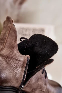 Zazoo 60309 Damskie Skórzane Botki Na Płaskim Obcasie Ciemnobeżowe