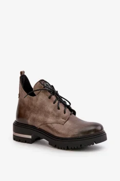 Zazoo 60309 Damskie Skórzane Botki Na Płaskim Obcasie Ciemnobeżowe