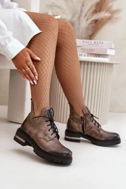 Zazoo 60309 Damskie Skórzane Botki Na Płaskim Obcasie Ciemnobeżowe