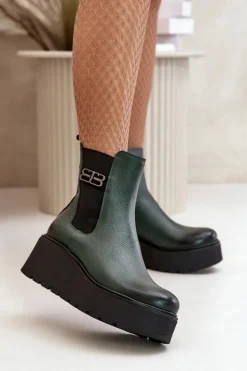 Zazoo 60498 Damskie Skórzane Botki Sztyblety Na Platformie I Koturnie Ciemnozielone