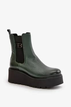 Zazoo 60498 Damskie Skórzane Botki Sztyblety Na Platformie I Koturnie Ciemnozielone