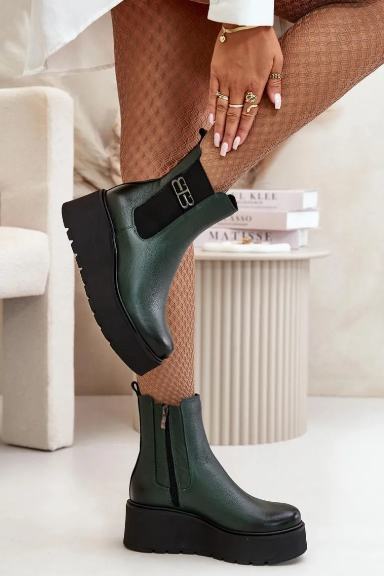 Zazoo 60498 Damskie Skórzane Botki Sztyblety Na Platformie I Koturnie Ciemnozielone