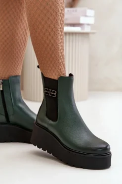Zazoo 60498 Damskie Skórzane Botki Sztyblety Na Platformie I Koturnie Ciemnozielone