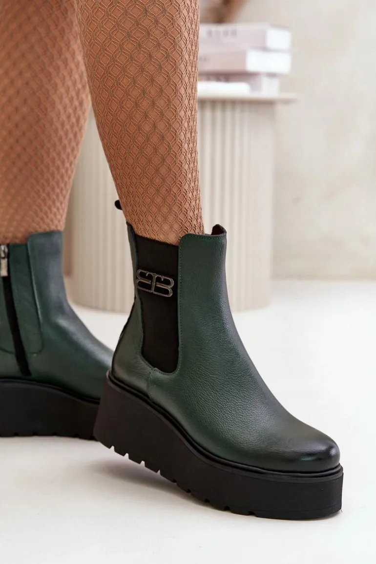 Zazoo 60498 Damskie Skórzane Botki Sztyblety Na Platformie I Koturnie Ciemnozielone