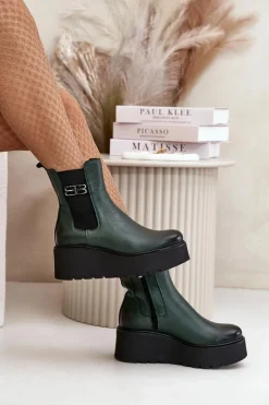 Zazoo 60498 Damskie Skórzane Botki Sztyblety Na Platformie I Koturnie Ciemnozielone