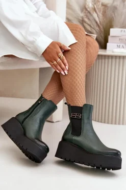 Zazoo 60498 Damskie Skórzane Botki Sztyblety Na Platformie I Koturnie Ciemnozielone