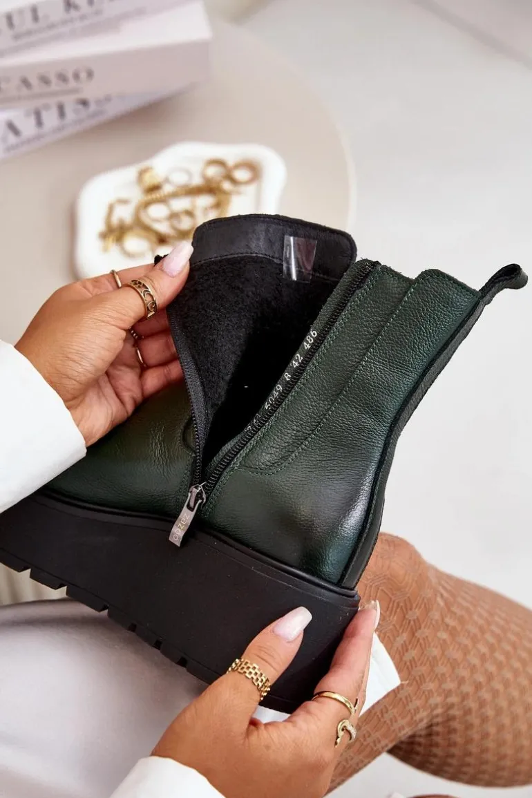 Zazoo 60498 Damskie Skórzane Botki Sztyblety Na Platformie I Koturnie Ciemnozielone