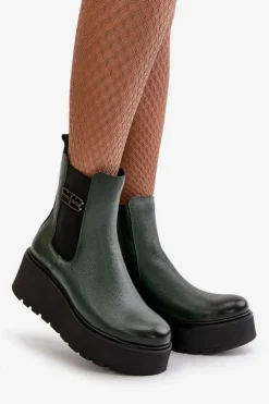 Zazoo 60498 Damskie Skórzane Botki Sztyblety Na Platformie I Koturnie Ciemnozielone