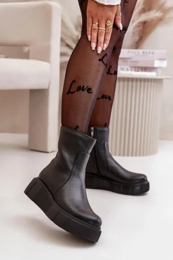 Zazoo 60369 Damskie Skórzane Botki Na Platformie Czarne