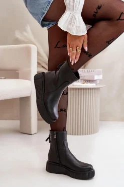 Zazoo 60369 Damskie Skórzane Botki Na Platformie Czarne