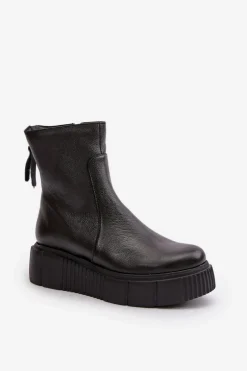 Zazoo 60369 Damskie Skórzane Botki Na Platformie Czarne