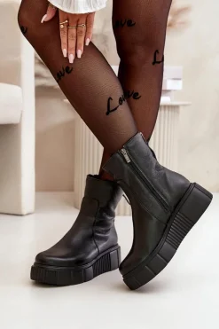 Zazoo 60369 Damskie Skórzane Botki Na Platformie Czarne