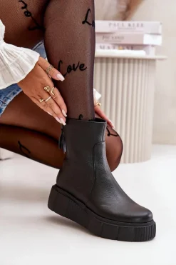 Zazoo 60369 Damskie Skórzane Botki Na Platformie Czarne