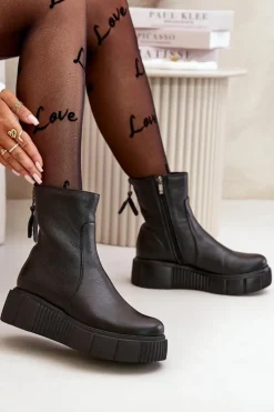 Zazoo 60369 Damskie Skórzane Botki Na Platformie Czarne