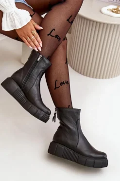 Zazoo 60369 Damskie Skórzane Botki Na Platformie Czarne